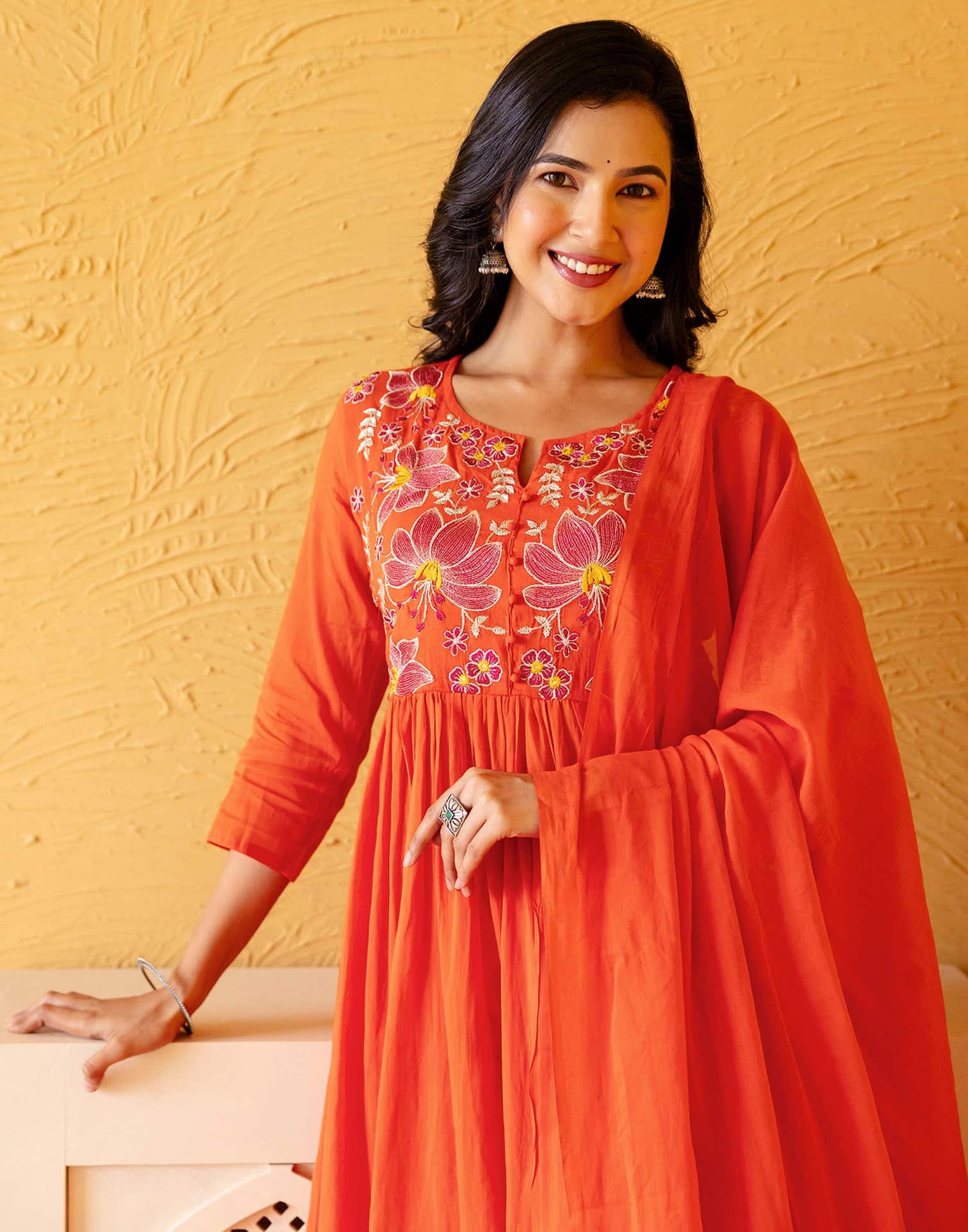Cotton Embroidered Anarkali Kurta with Pant & Dupatta