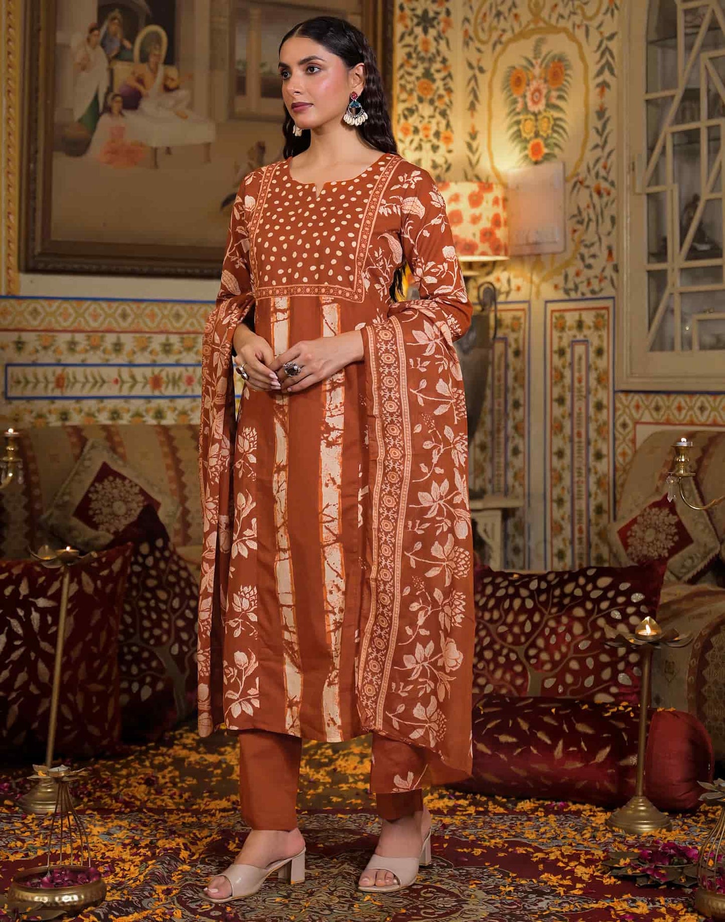 Cotton Straight Printed V-Neck Kurta with Pant & Dupatta