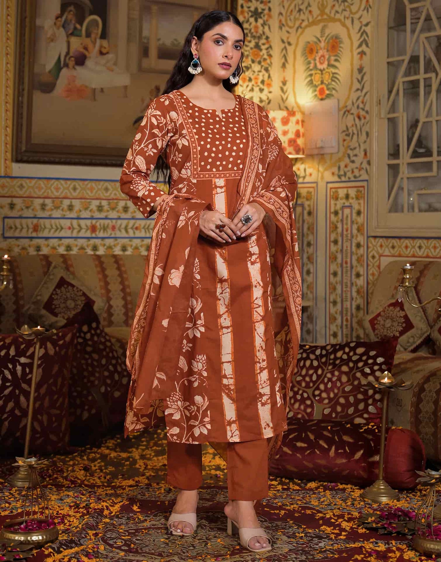 Cotton Straight Printed V-Neck Kurta with Pant & Dupatta