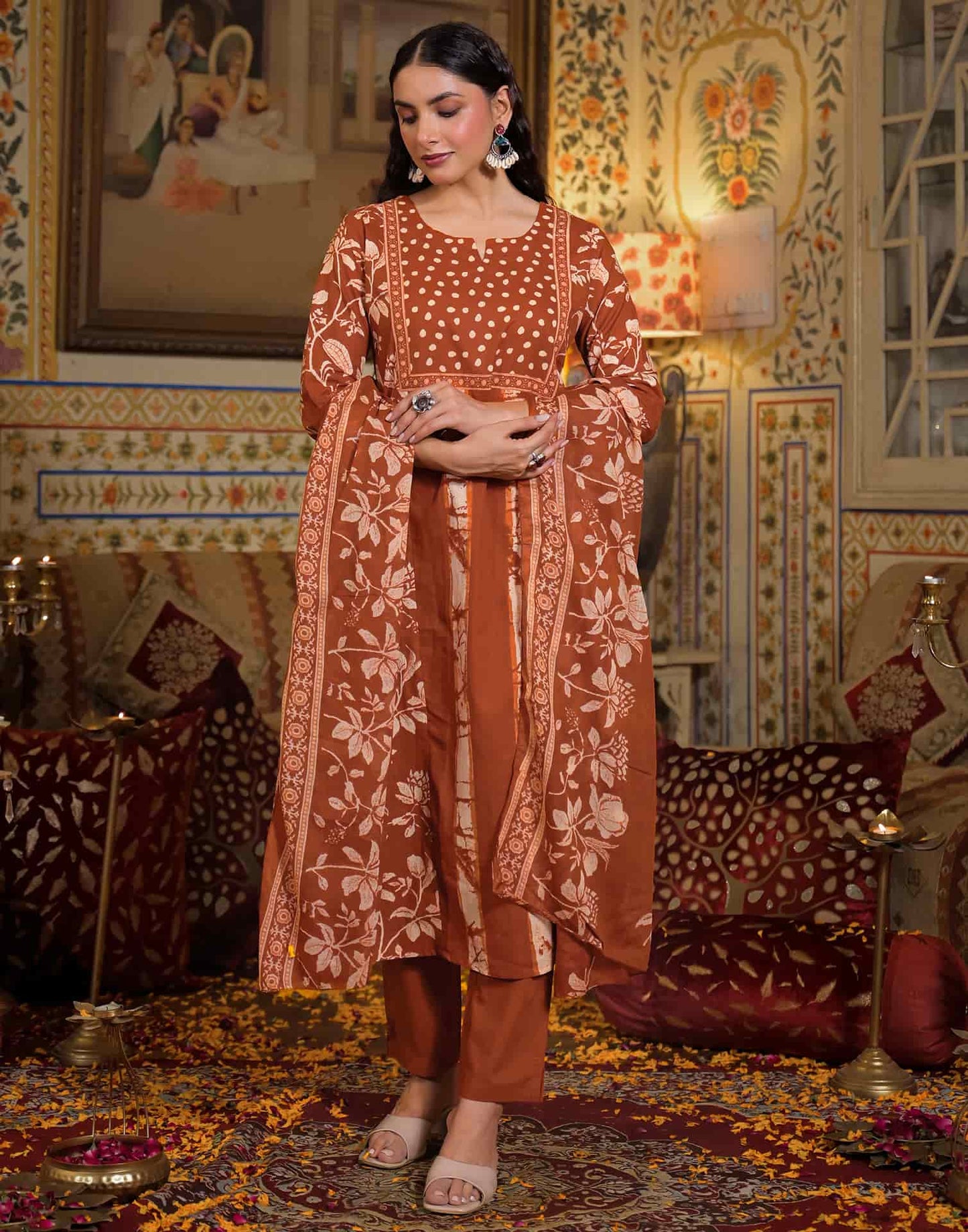 Cotton Straight Printed V-Neck Kurta with Pant & Dupatta