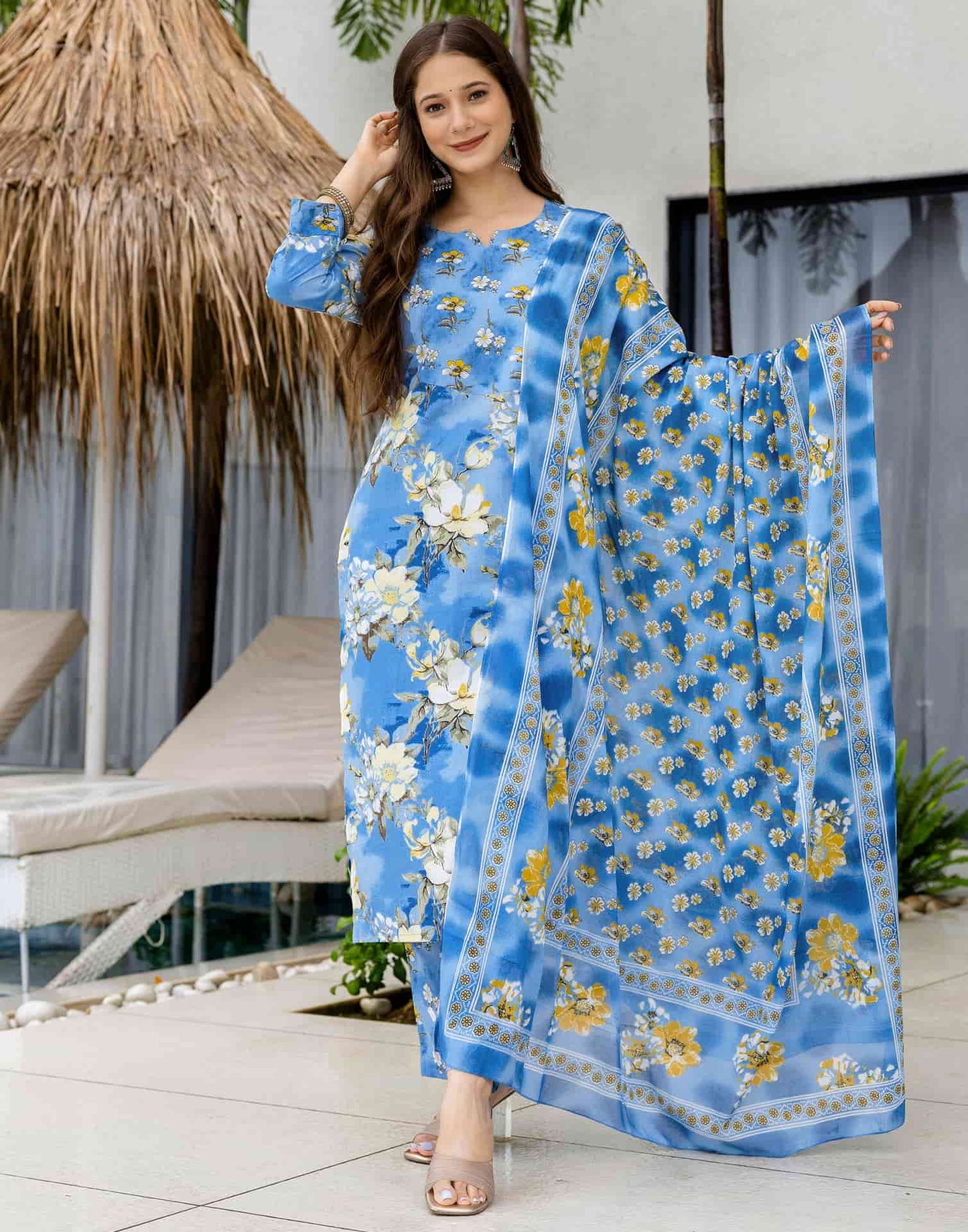 Cotton Printed Straight Kurta with Pant & Dupatta