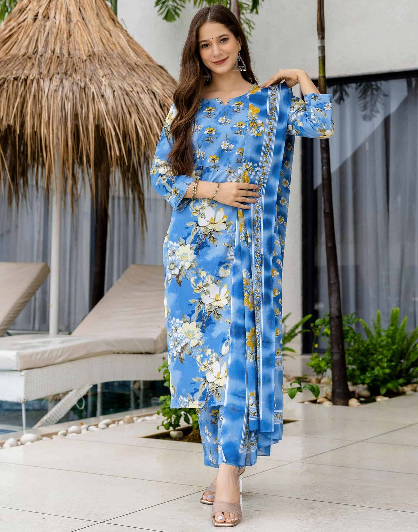 Cotton Printed Straight Kurta with Pant & Dupatta
