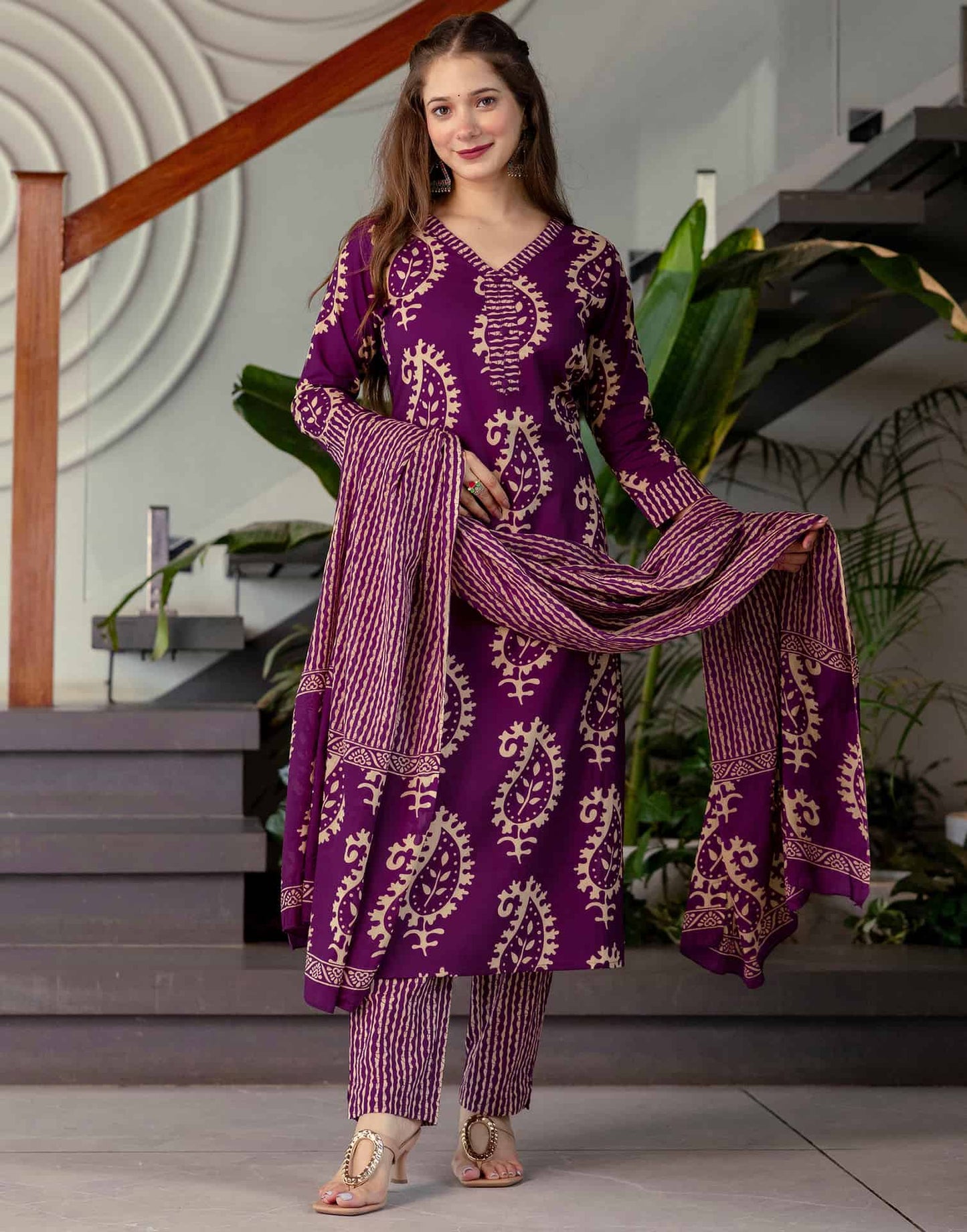 Cotton Printed Straight Kurta with Pant & Dupatta