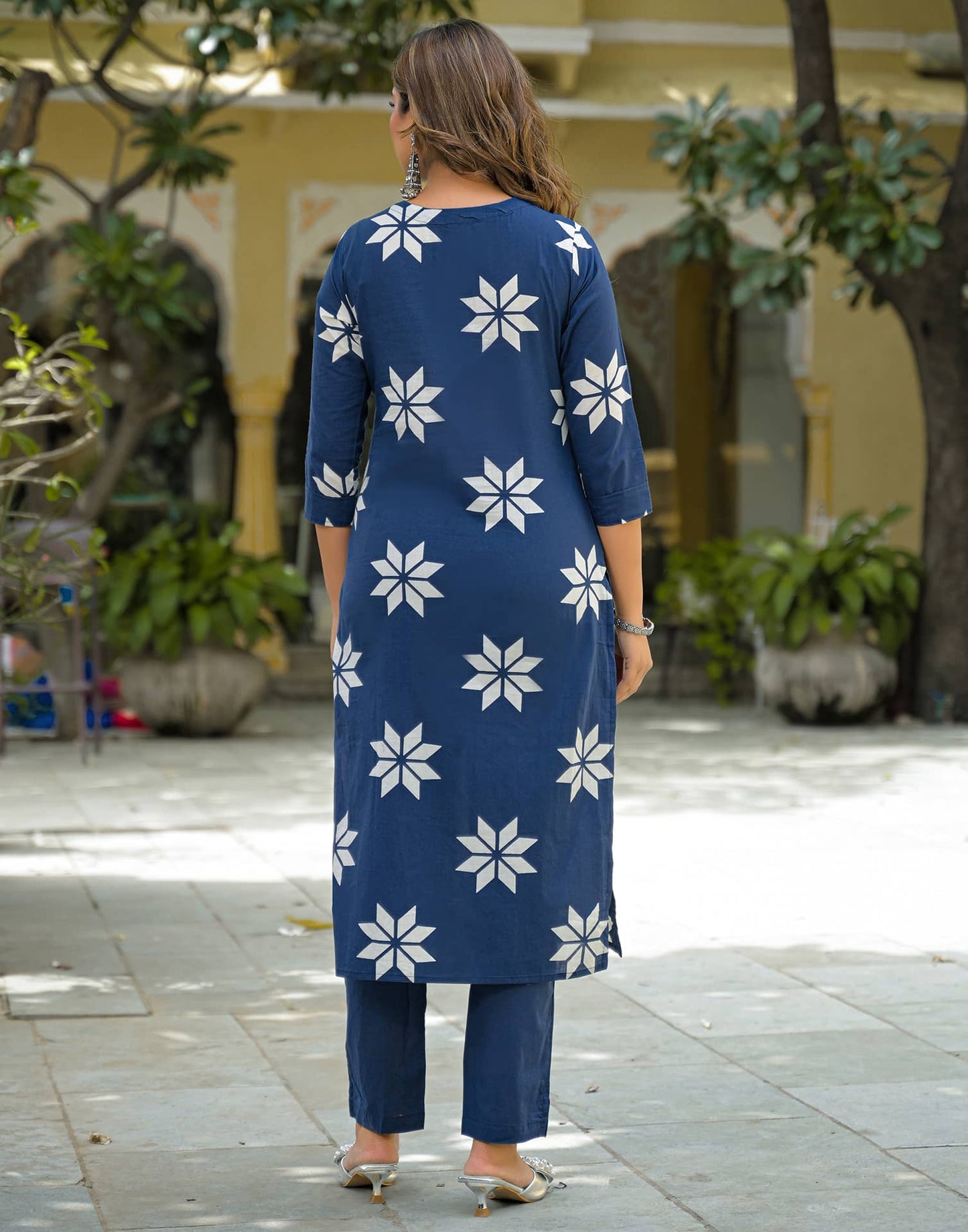 Cotton Straight Printed V-Neck Kurta with Pant & Dupatta