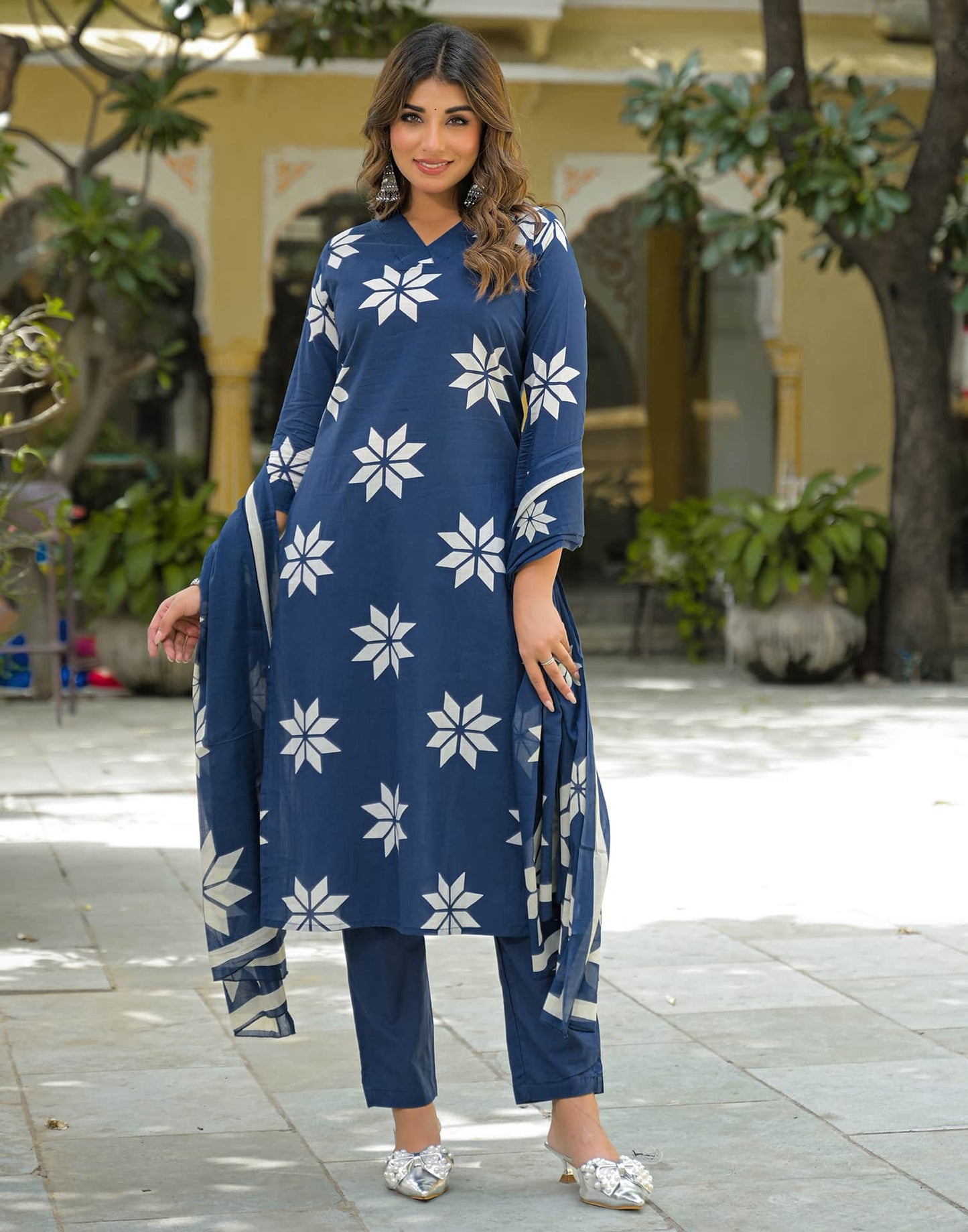 Cotton Straight Printed V-Neck Kurta with Pant & Dupatta