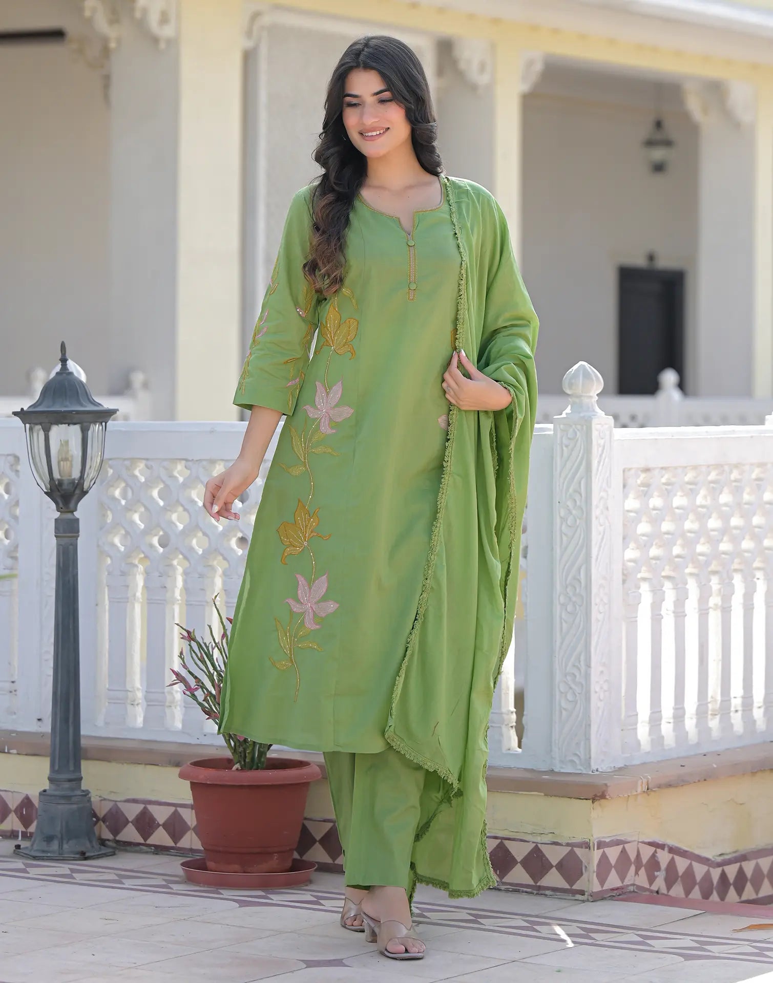 Skylee Cotton Embroidered Straight 3 Piece Kurta Set For Woman