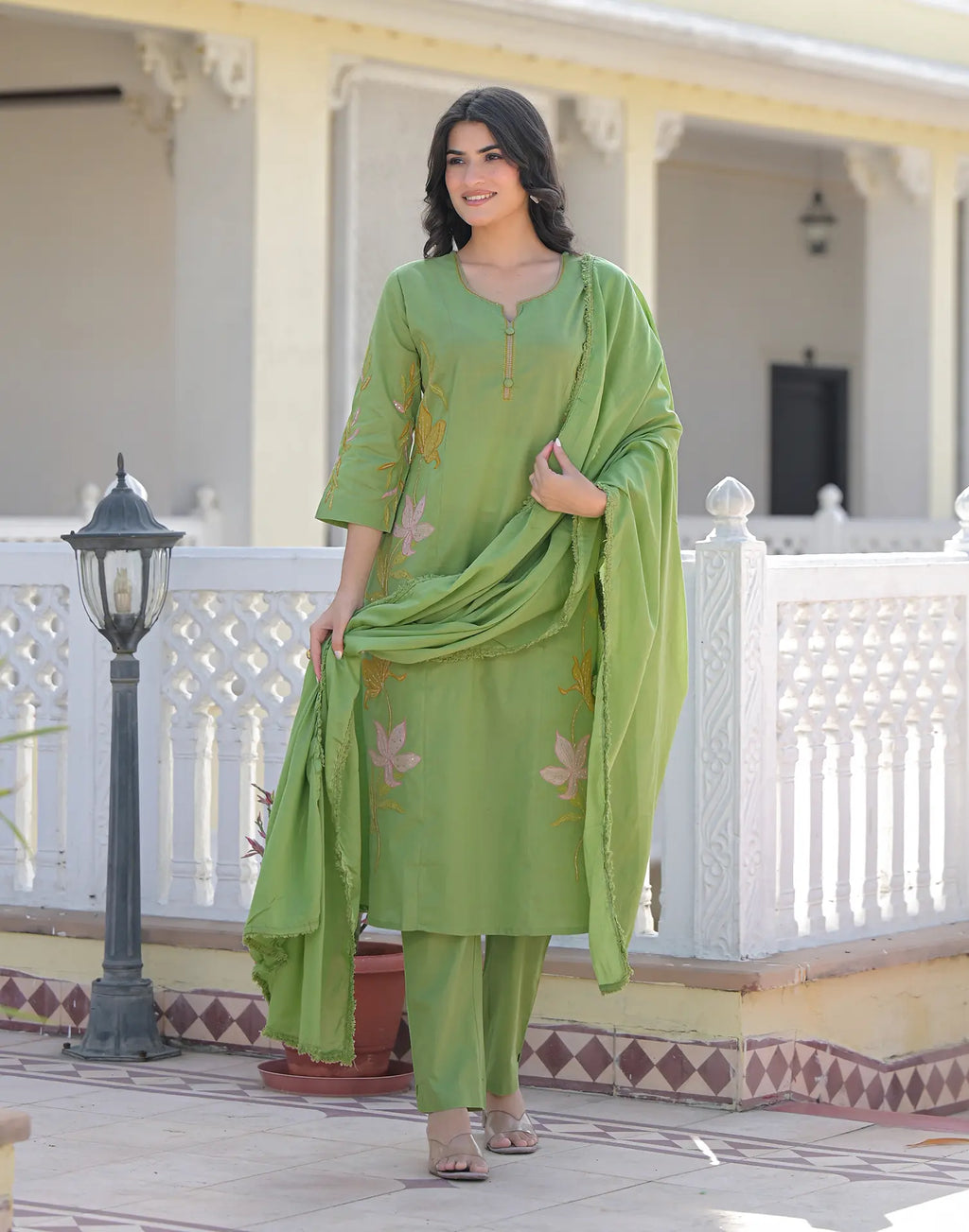 Skylee Cotton Embroidered Straight 3 Piece Kurta Set For Woman