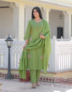 Skylee Cotton Embroidered Straight 3 Piece Kurta Set For Woman
