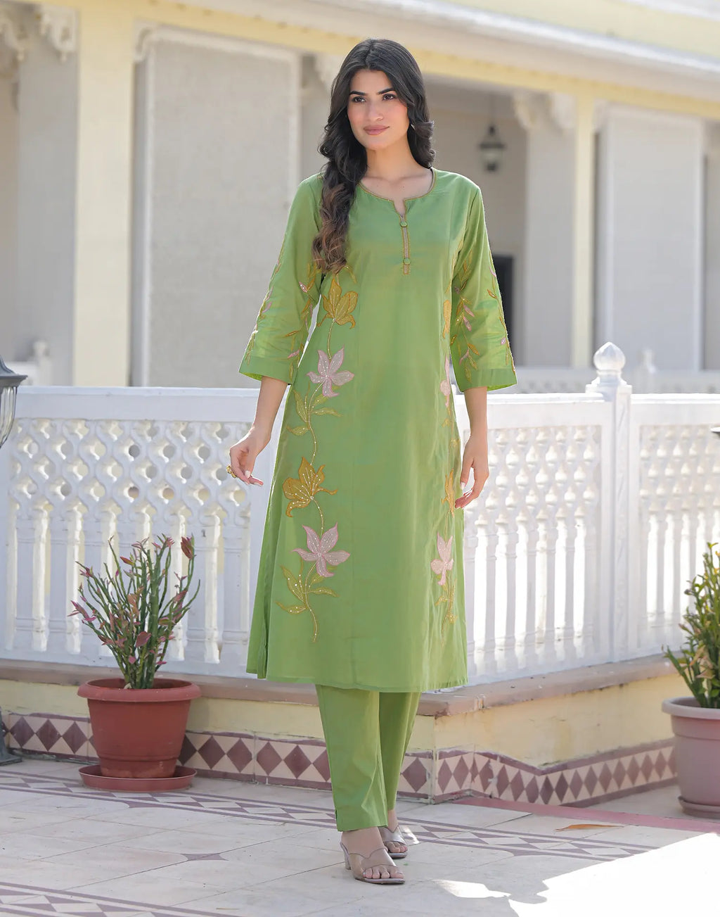 Skylee Cotton Embroidered Straight 3 Piece Kurta Set For Woman