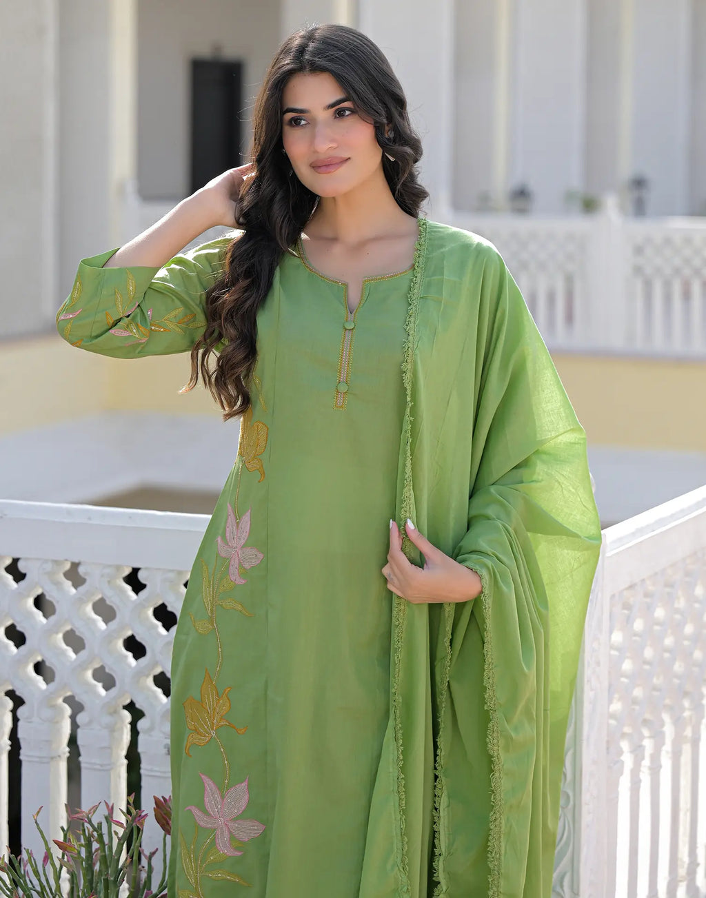 Skylee Cotton Embroidered Straight 3 Piece Kurta Set For Woman