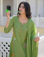 Skylee Cotton Embroidered Straight 3 Piece Kurta Set For Woman