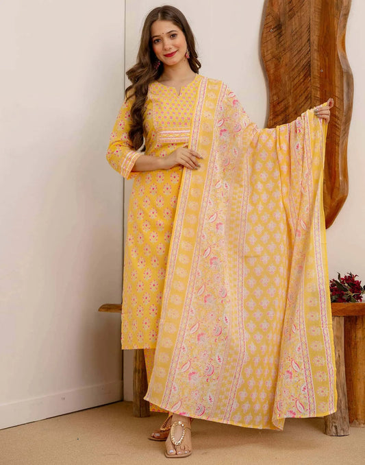 Cotton Printed Straight Kurta with Pant & Dupatta