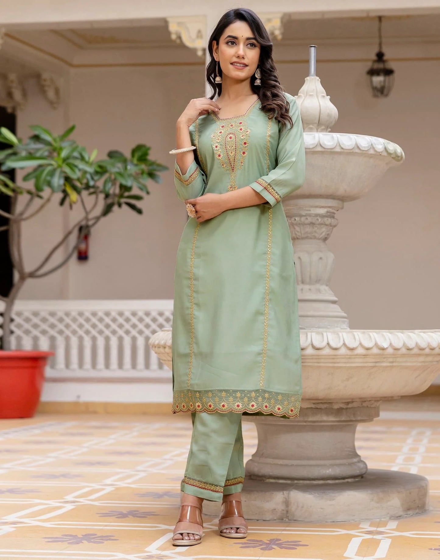 Skylee Light Green Silk Embroidered Straight Kurta Set for Women
