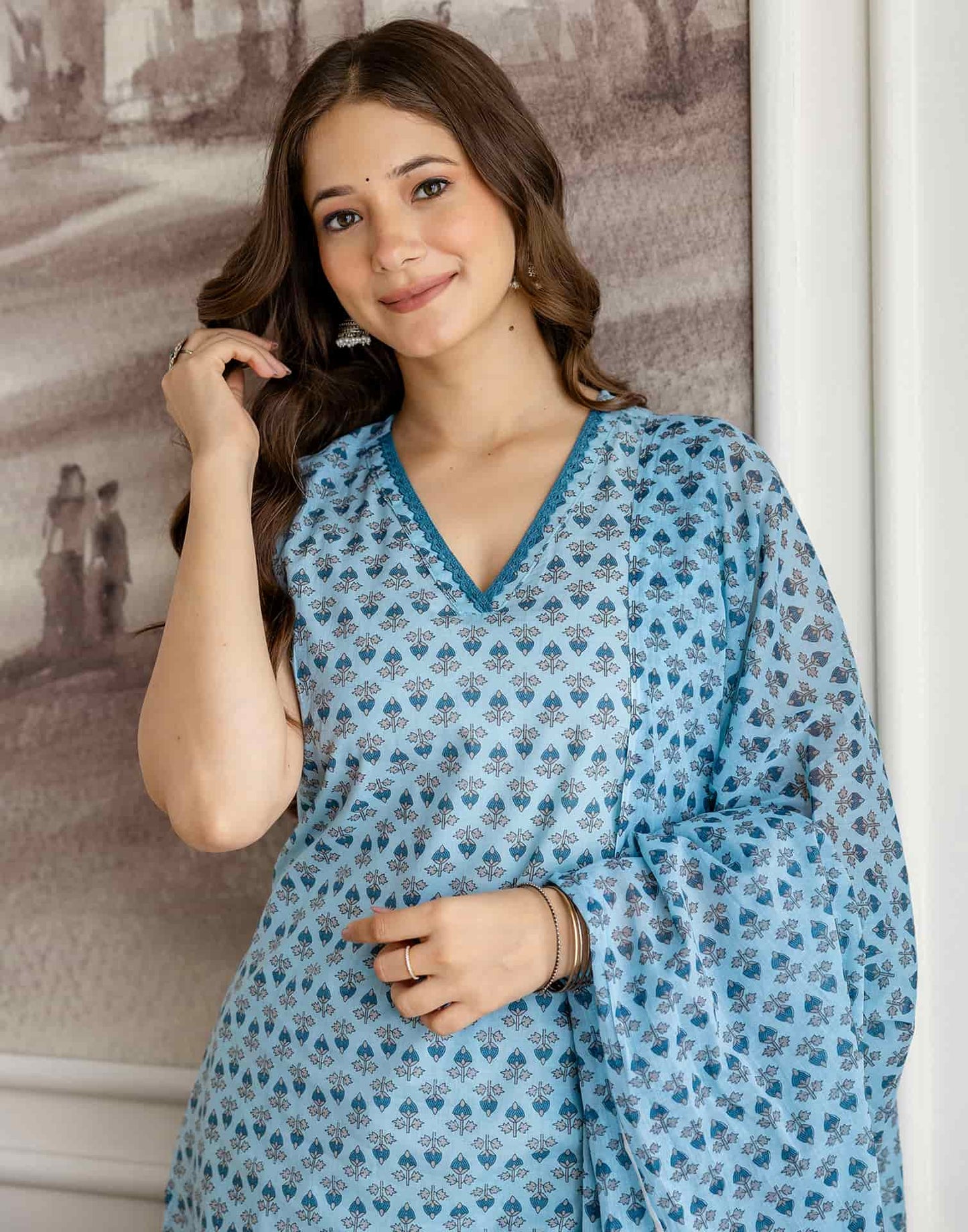 Cotton Printed Straight Kurta with Pant & Dupatta