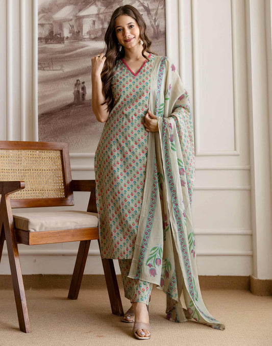 Cotton Printed Straight Kurta with Pant & Dupatta