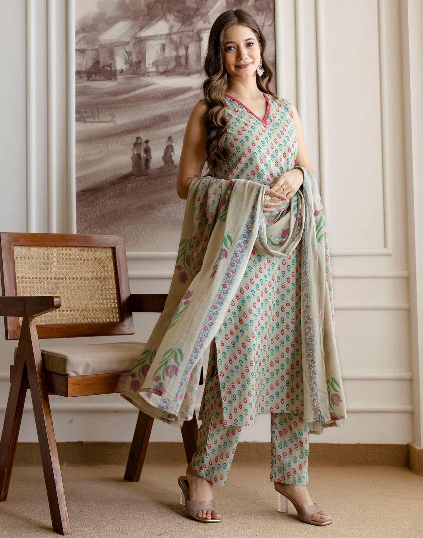 Cotton Printed Straight Kurta with Pant & Dupatta