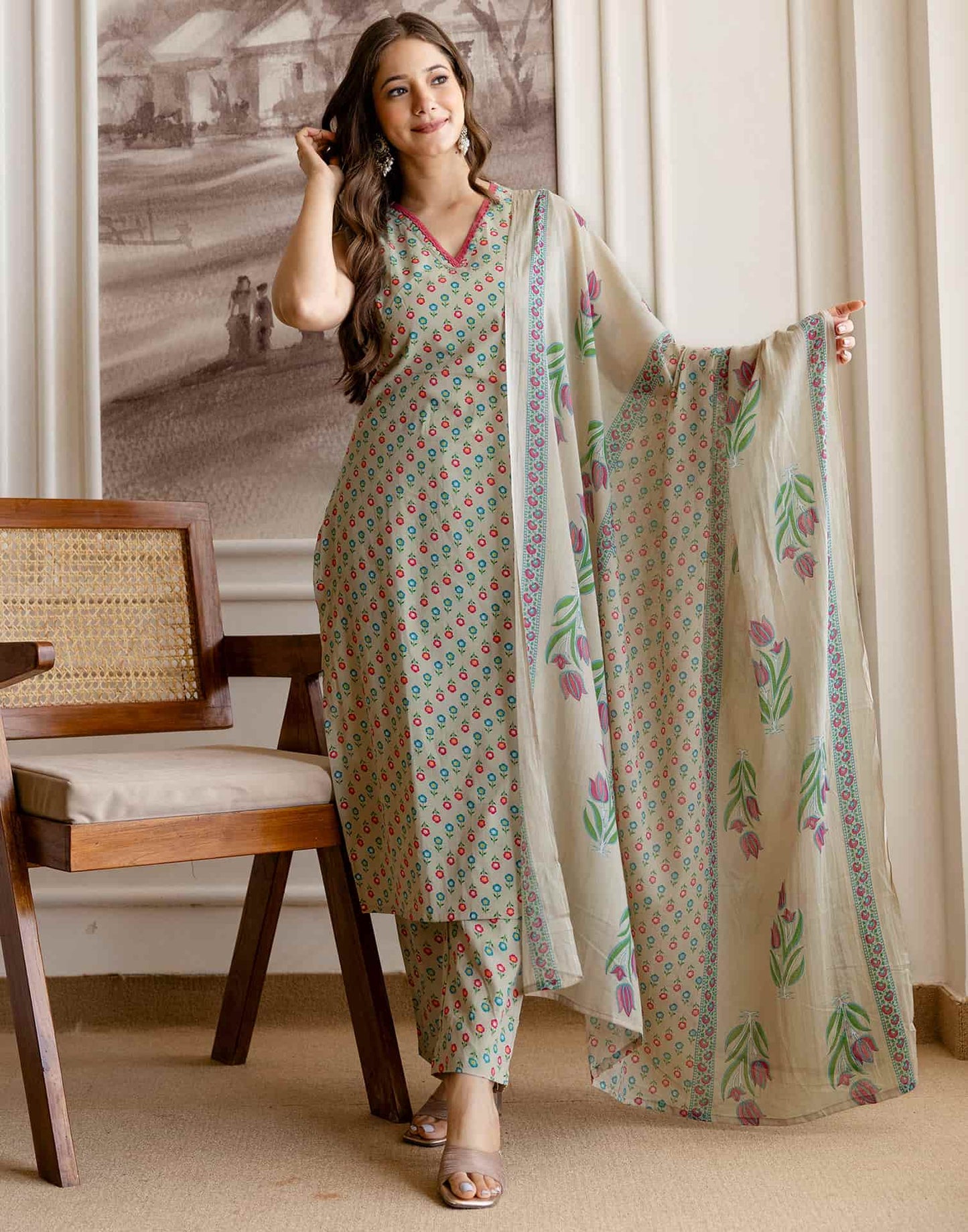 Cotton Printed Straight Kurta with Pant & Dupatta