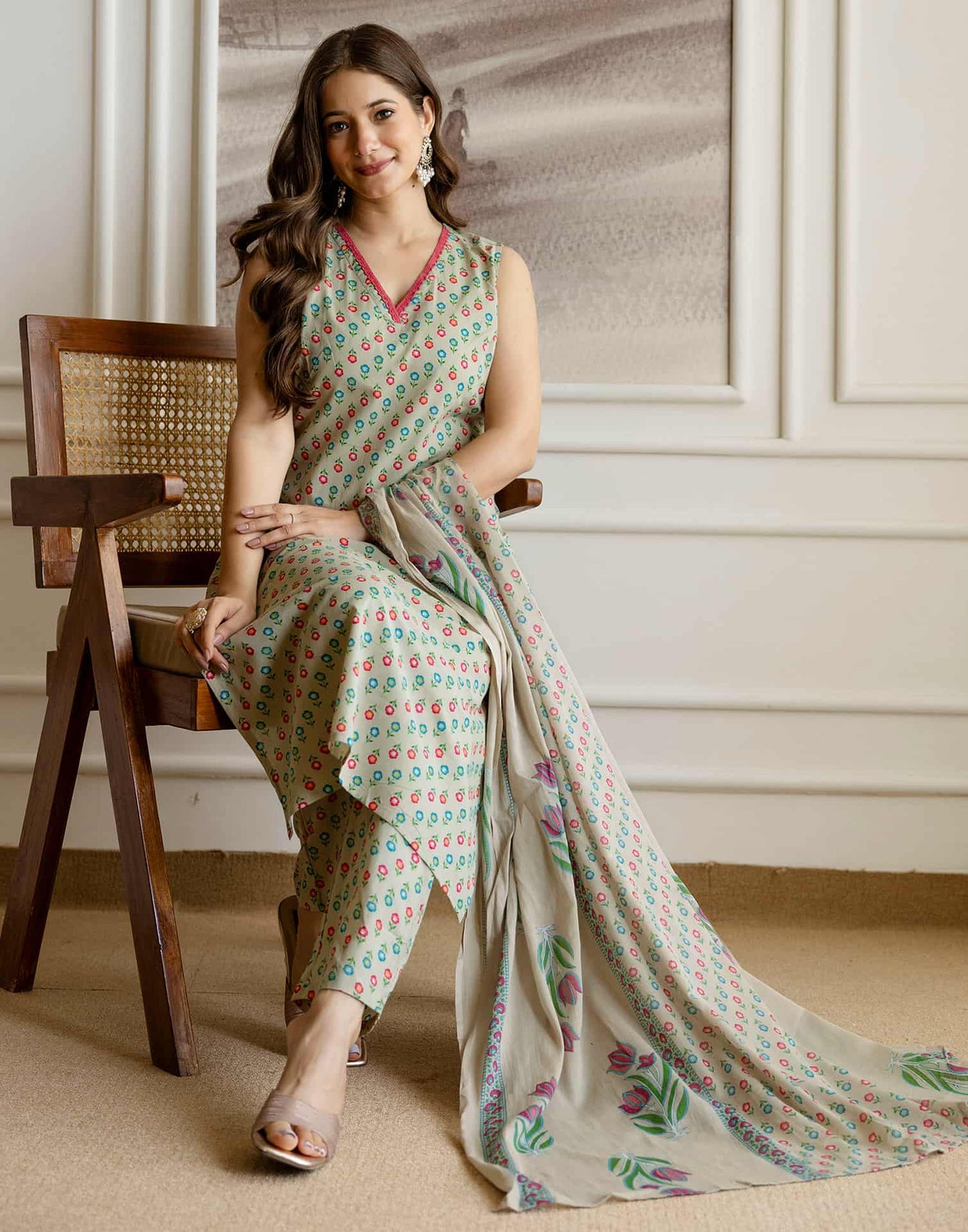 Cotton Printed Straight Kurta with Pant & Dupatta