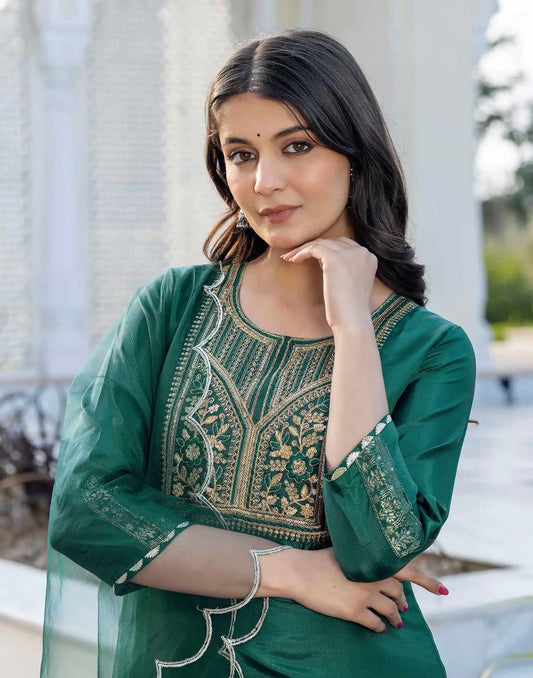 Silk Blend Embroidery and Sequins Work Straight Kurta with Pant & Dupatta