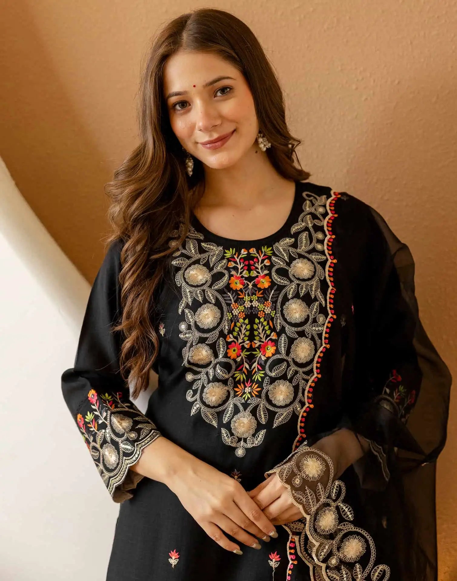 Black Silk Embroidered Straight Kurta Set with Pant & Dupatta under 1299 