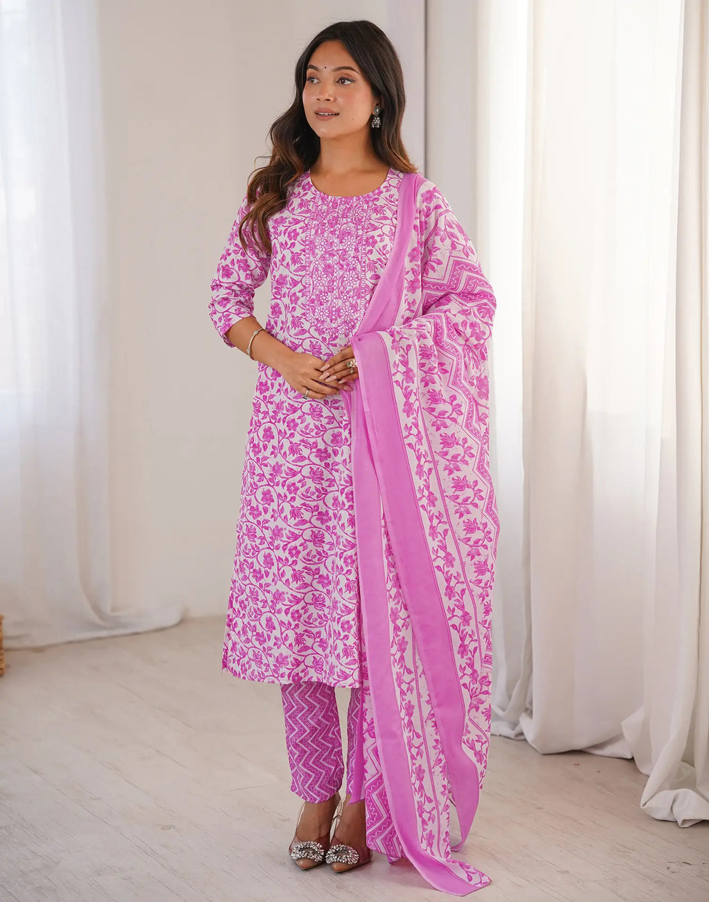 Cotton Embroidered Straight 3-Piece Kurta Set with Dupatta