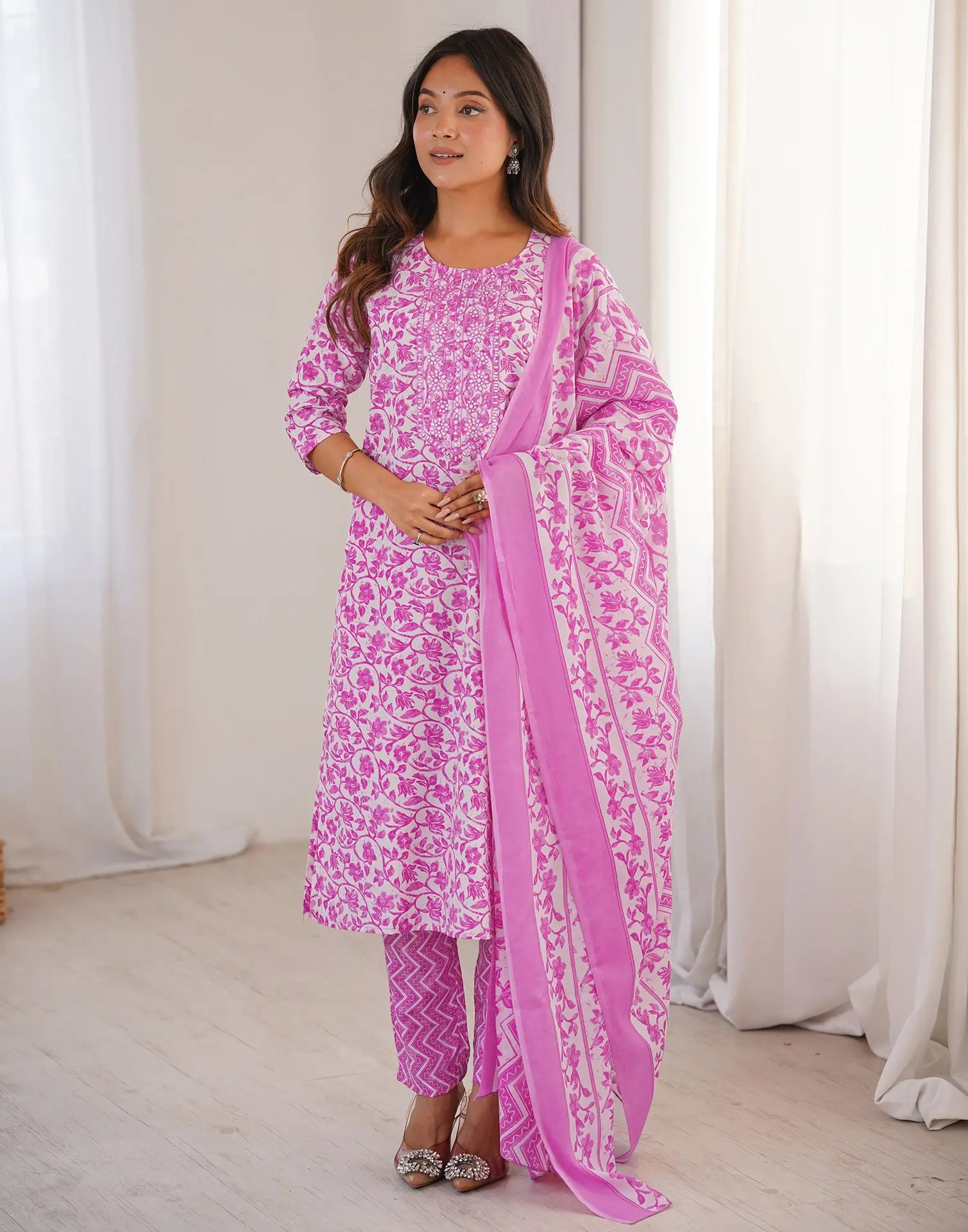 Cotton Embroidered Straight 3-Piece Kurta Set with Dupatta