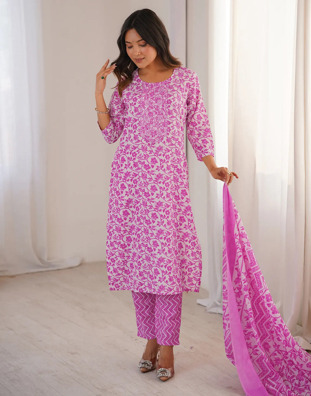 Cotton Embroidered Straight 3-Piece Kurta Set with Dupatta