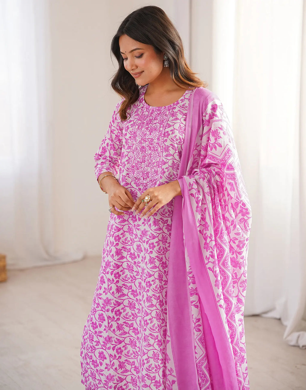 Cotton Embroidered Straight 3-Piece Kurta Set with Dupatta