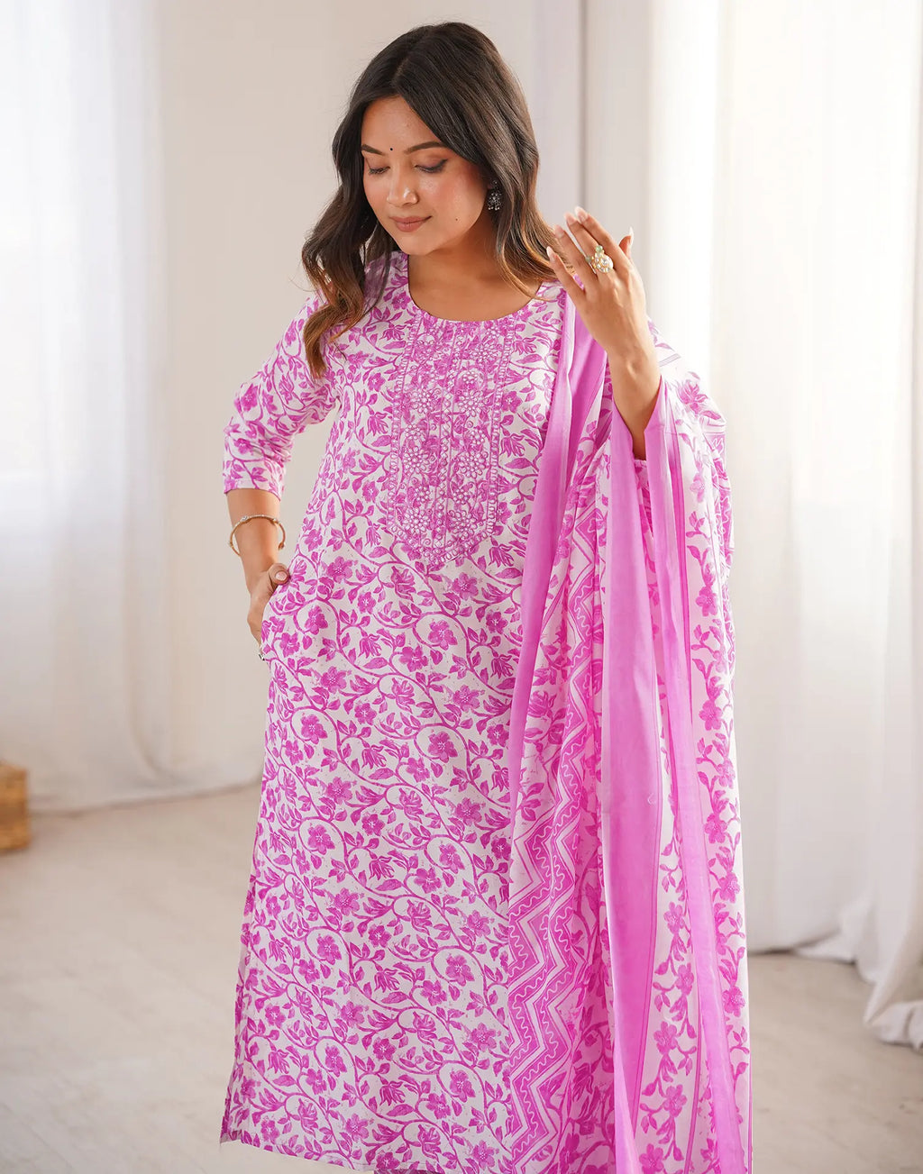 Cotton Embroidered Straight 3-Piece Kurta Set with Dupatta