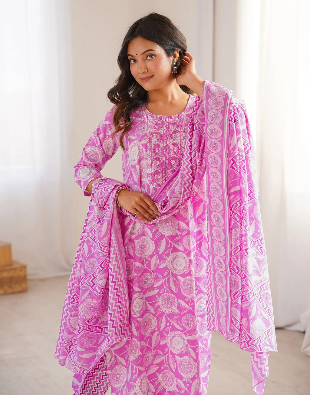 Skylee Cotton Embroidered Straight 3 Piece Kurta Set For Woman