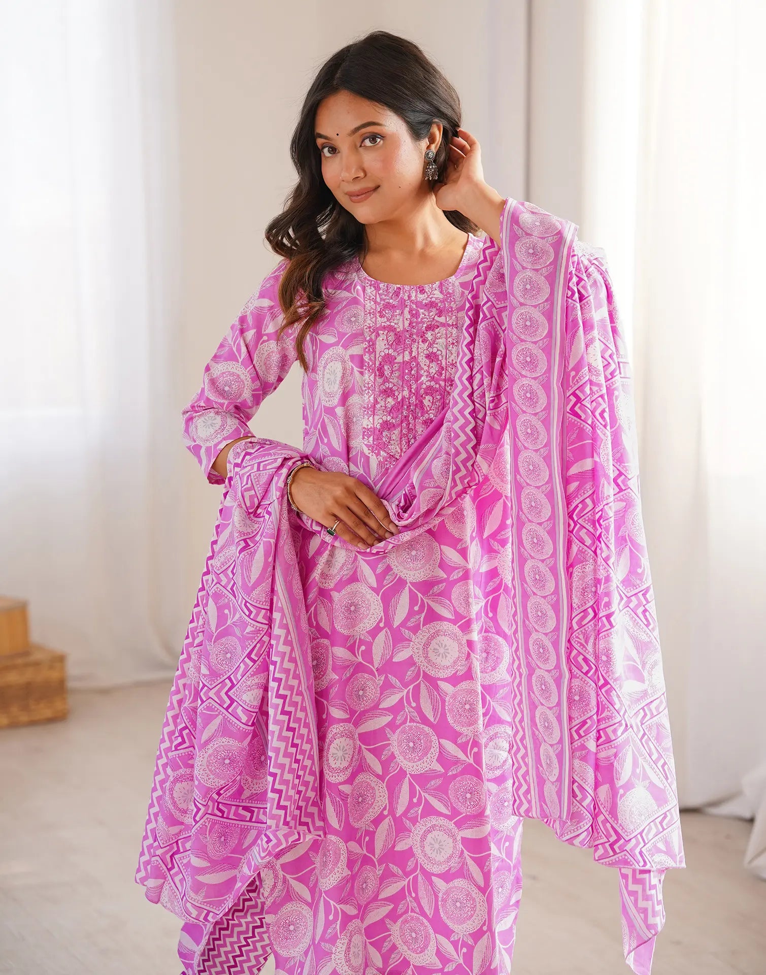 Skylee Cotton Embroidered Straight 3 Piece Kurta Set For Woman