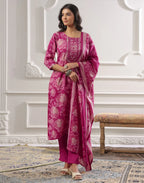 Skylee Silk Floral Print Straight 3 Piece Kurta Set For Woman