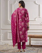 Skylee Silk Floral Print Straight 3 Piece Kurta Set For Woman