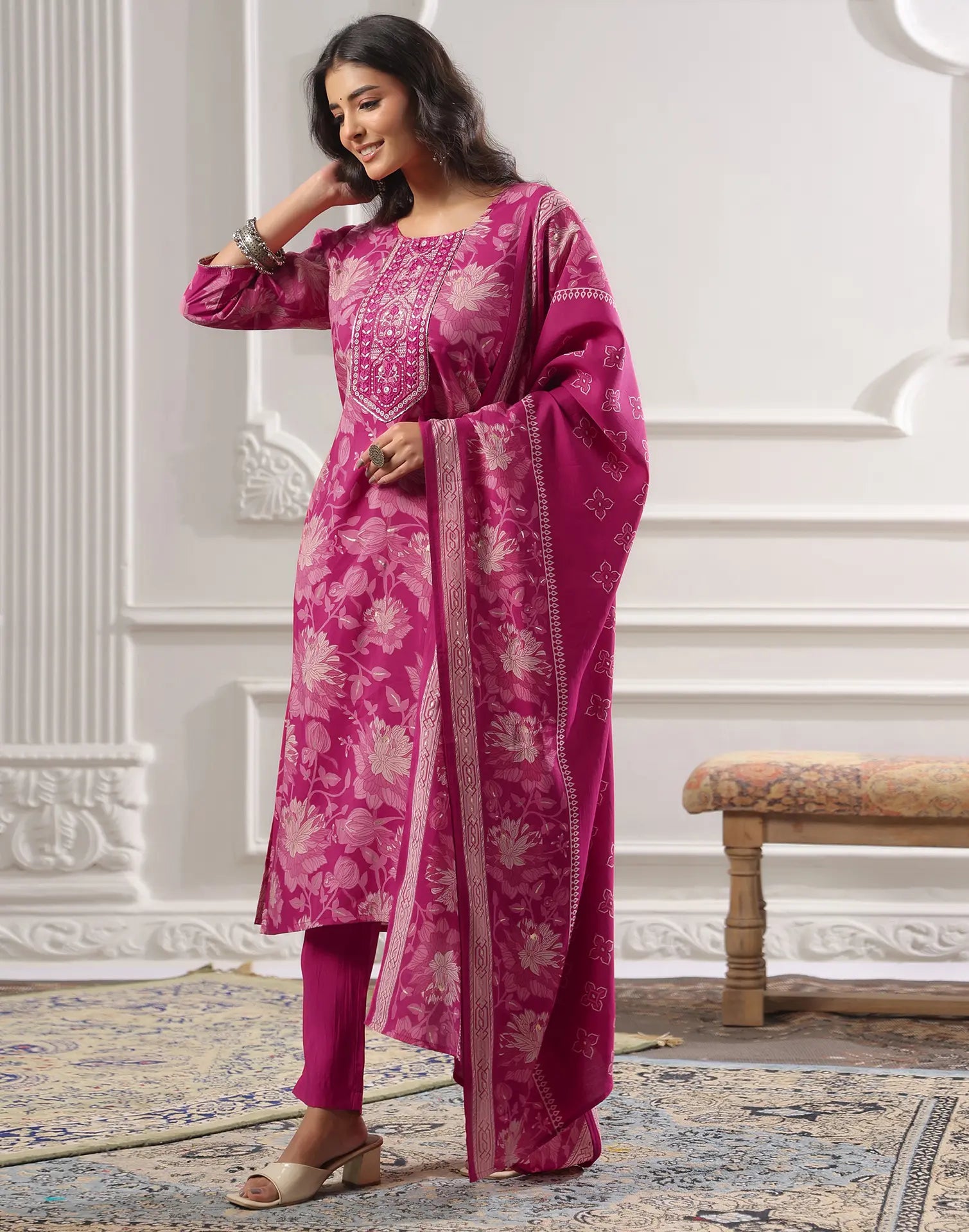 Skylee Silk Floral Print Straight 3 Piece Kurta Set For Woman