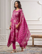 Skylee Silk Floral Print Straight 3 Piece Kurta Set For Woman