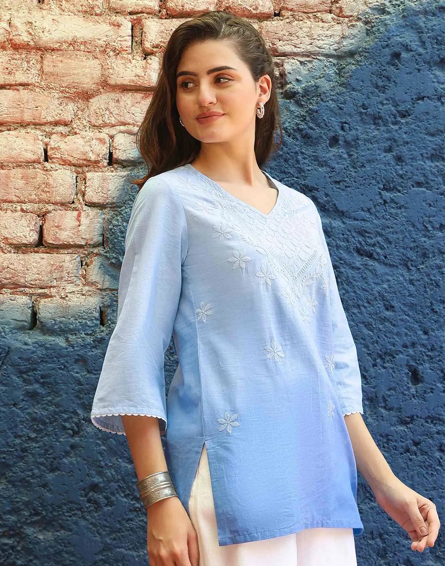 Cotton Chikankari Straight Sweetheart Neck Short Kurti