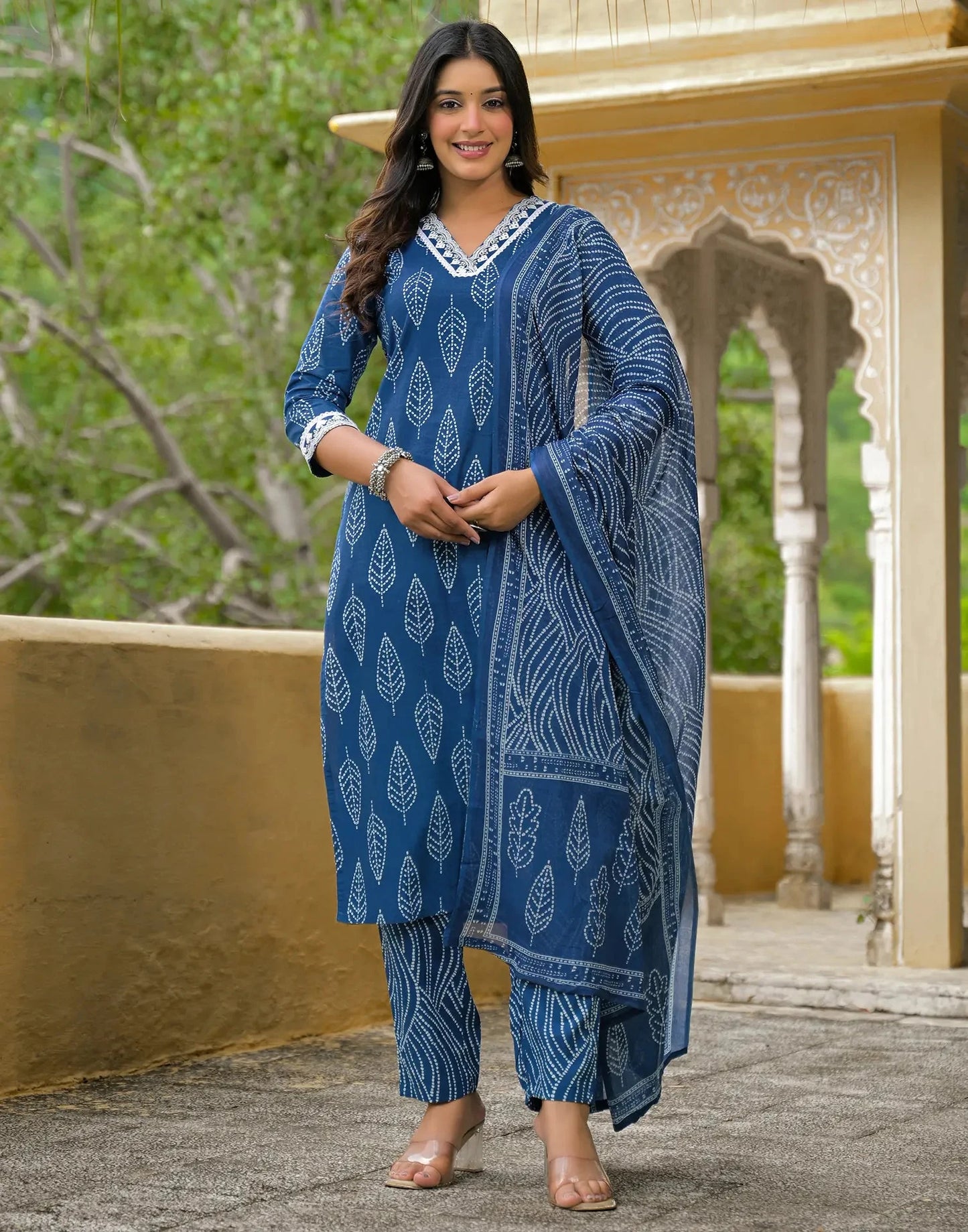 Cotton Printed V-Neck Straight Kurta with Pant & Dupatta