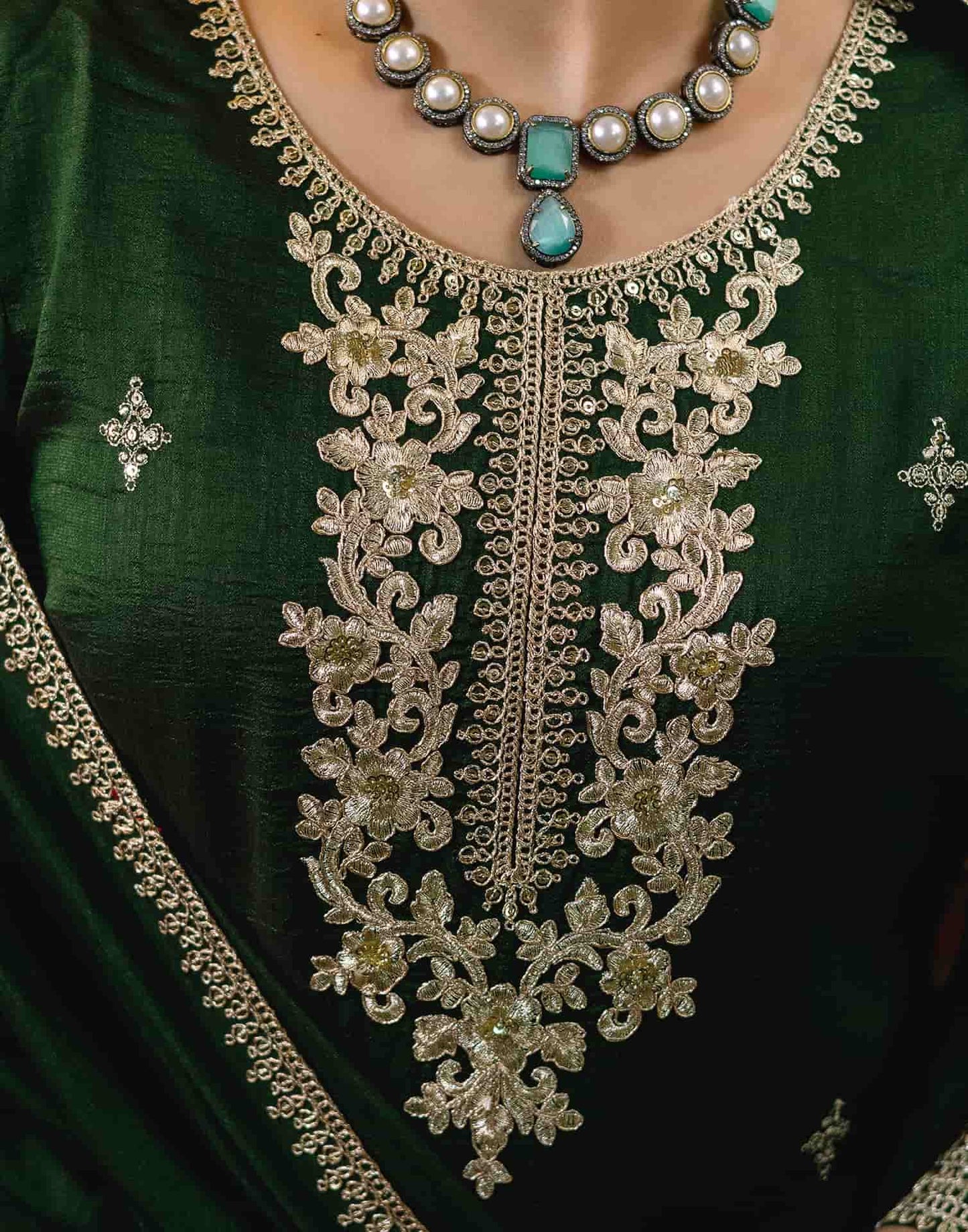 Silk Straight Embroidery Round Neck Kurta with Pant & Dupatta