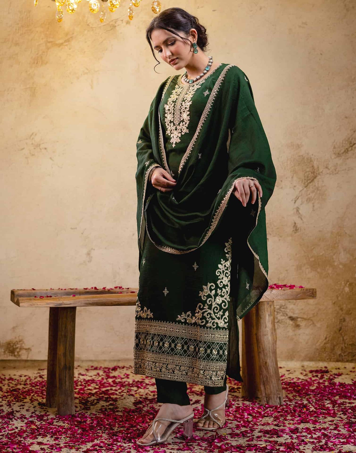 Silk Straight Embroidery Round Neck Kurta with Pant & Dupatta