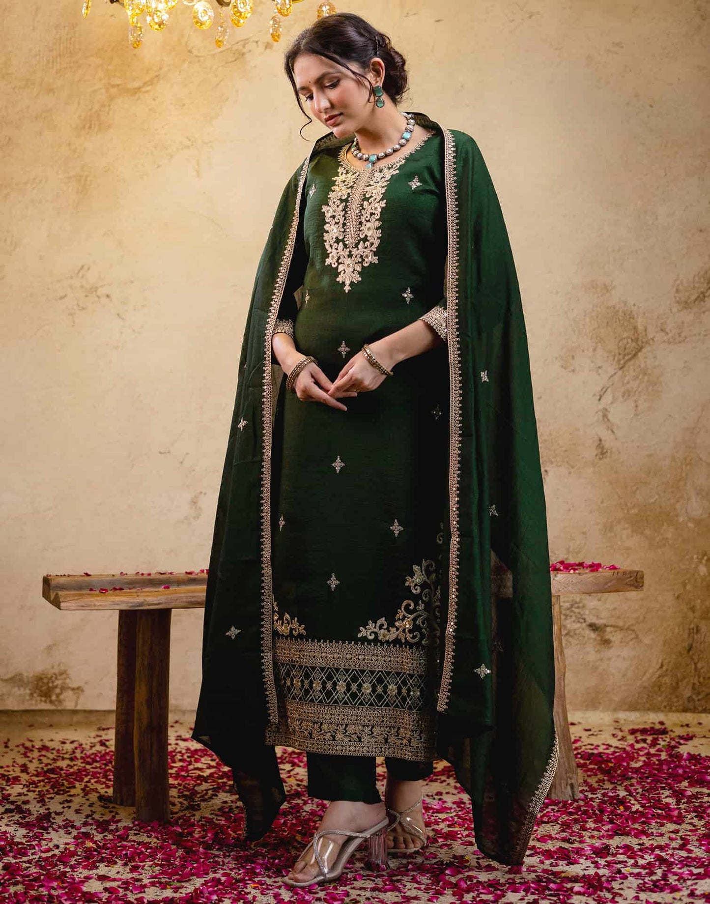 Silk Straight Embroidery Round Neck Kurta with Pant & Dupatta