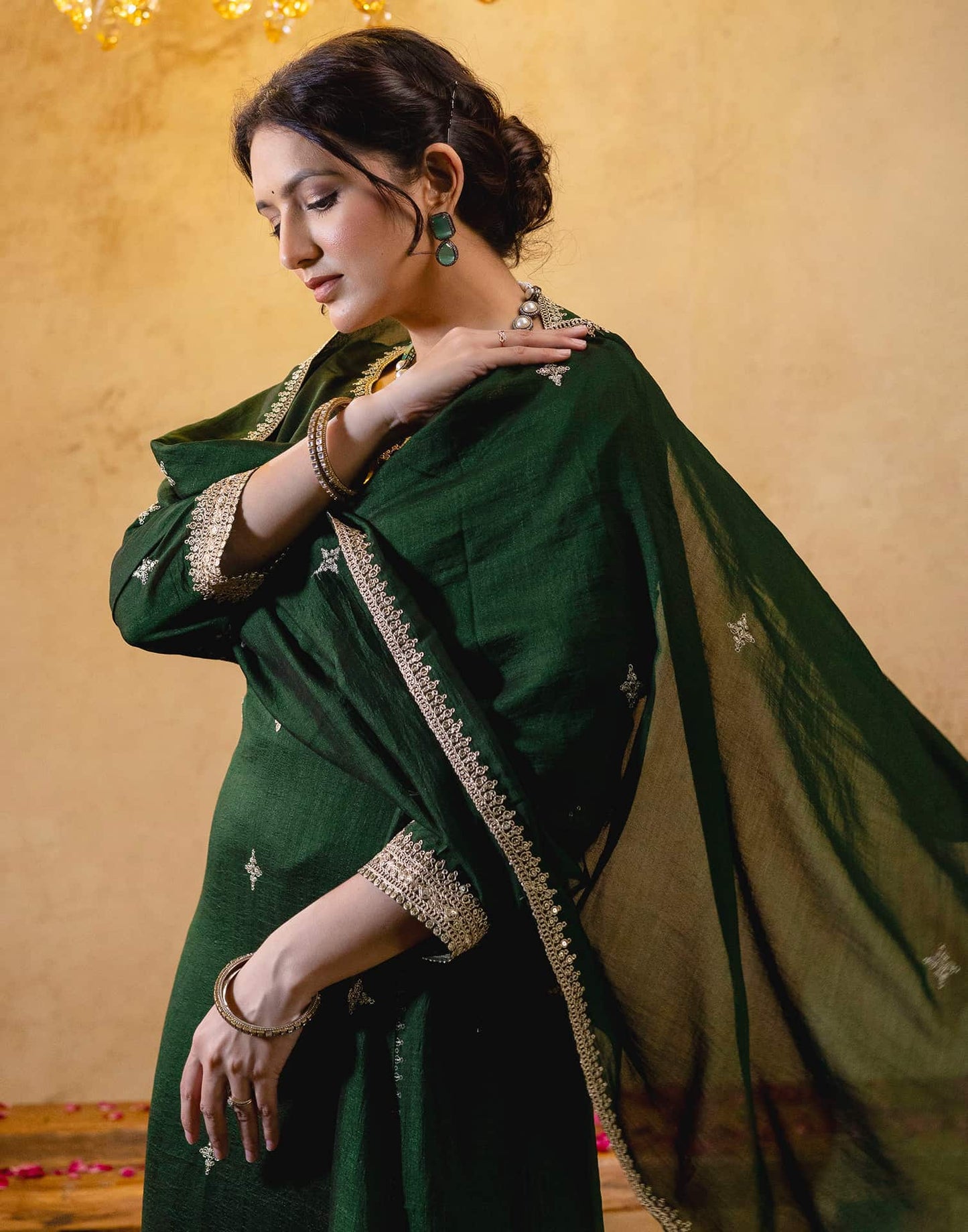 Silk Straight Embroidery Round Neck Kurta with Pant & Dupatta