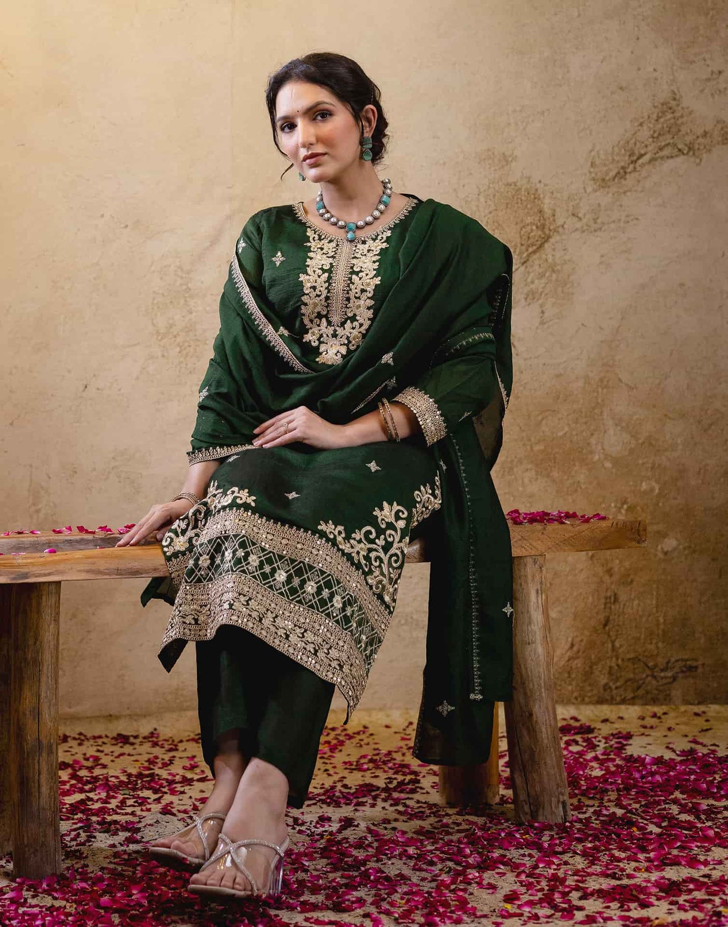 Silk Straight Embroidery Round Neck Kurta with Pant & Dupatta