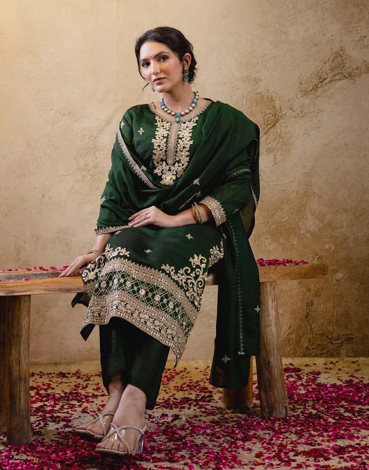 Silk Embroidered Straight 3 Piece Kurta Set