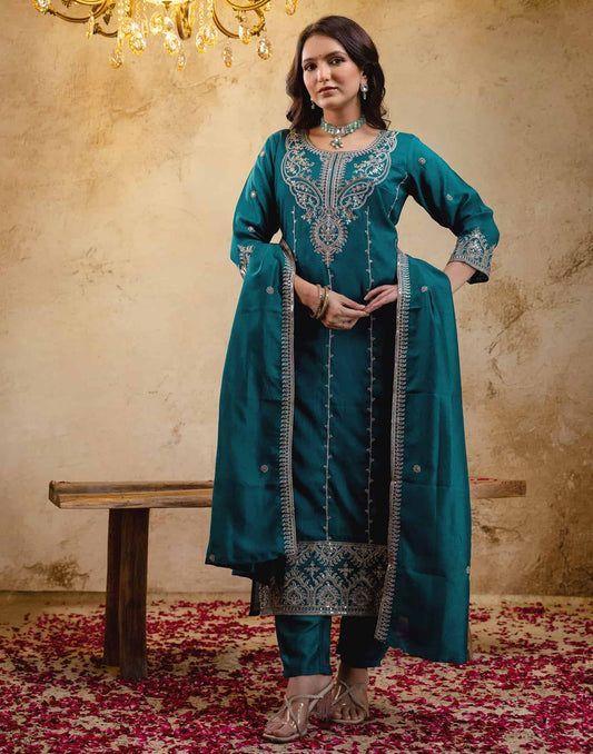Silk Embroidered Straight Kurta with Pant & Dupatta