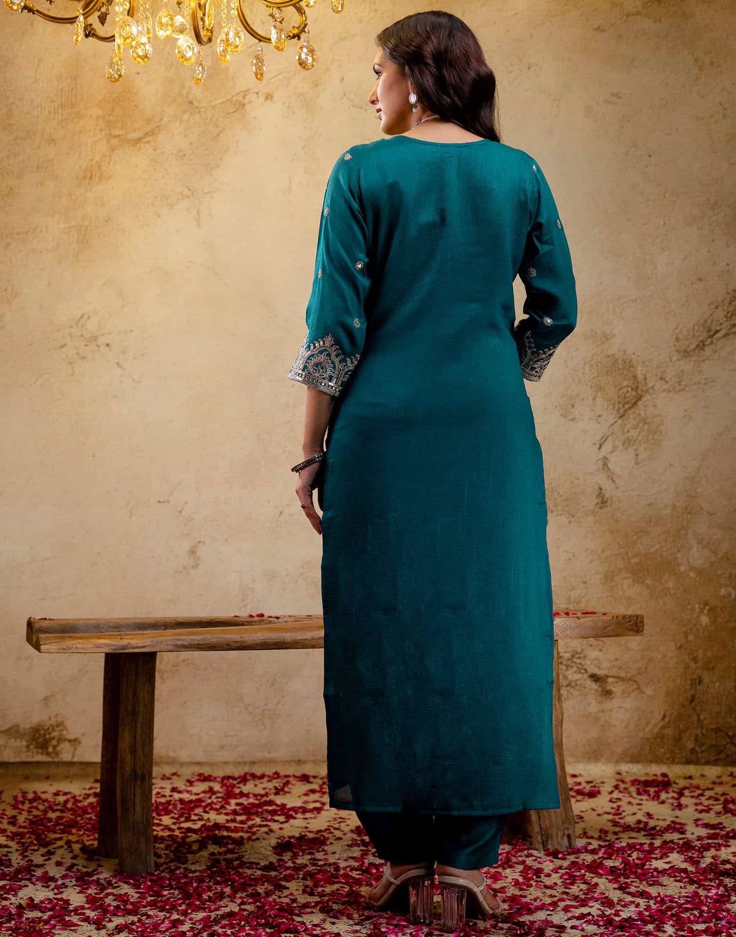 Silk Embroidered Straight Kurta with Pant & Dupatta