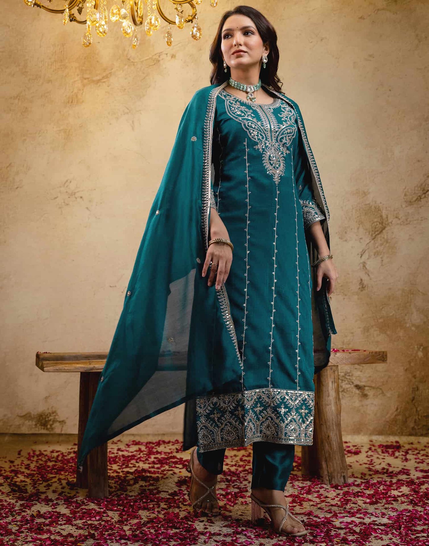 Silk Embroidered Straight Kurta with Pant & Dupatta