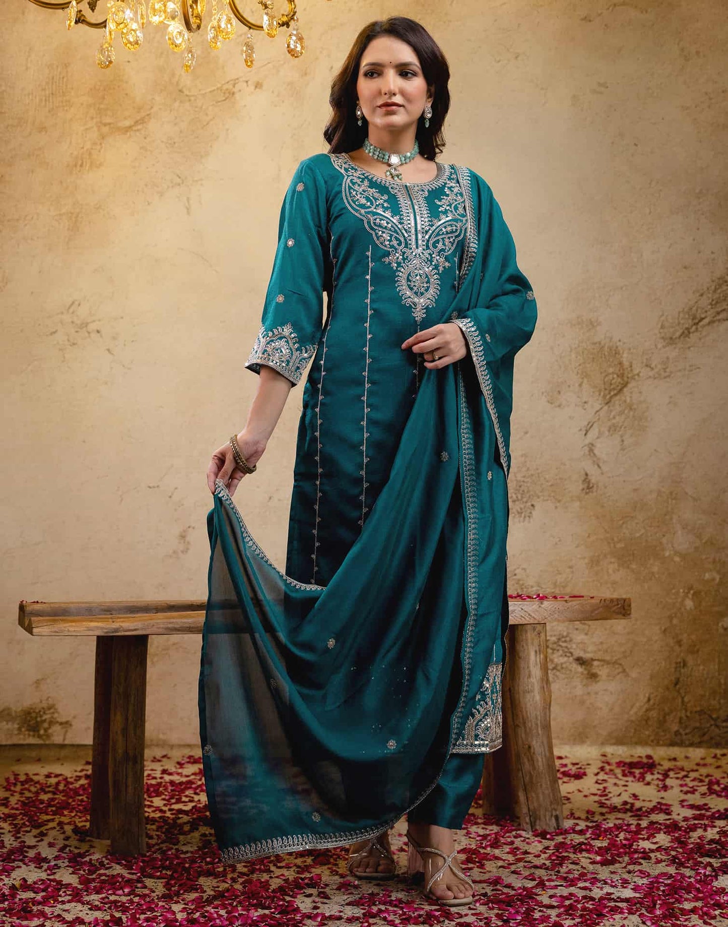 Silk Embroidered Straight Kurta with Pant & Dupatta