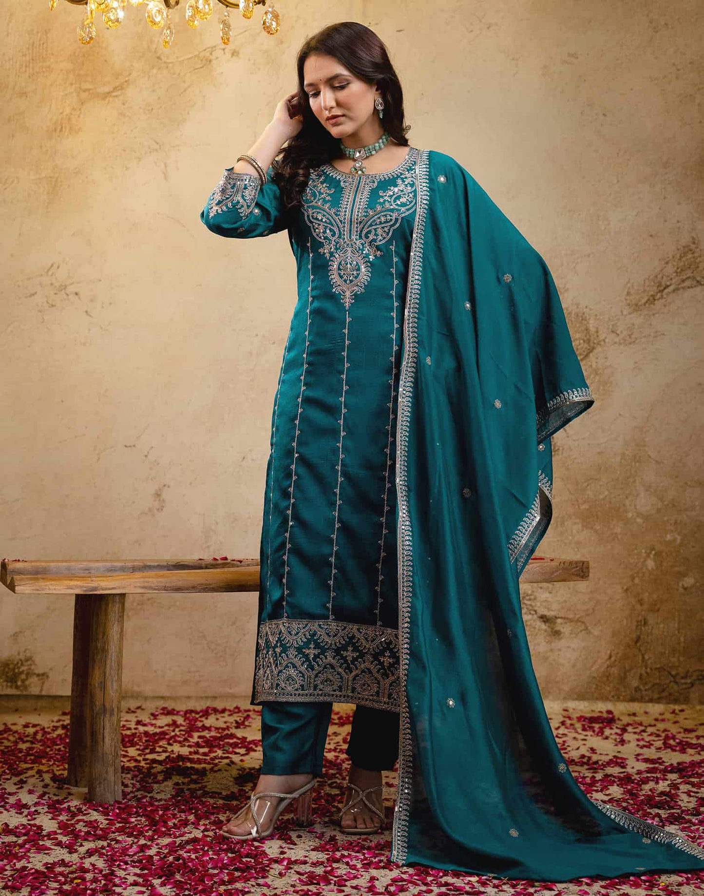 Silk Embroidered Straight Kurta with Pant & Dupatta