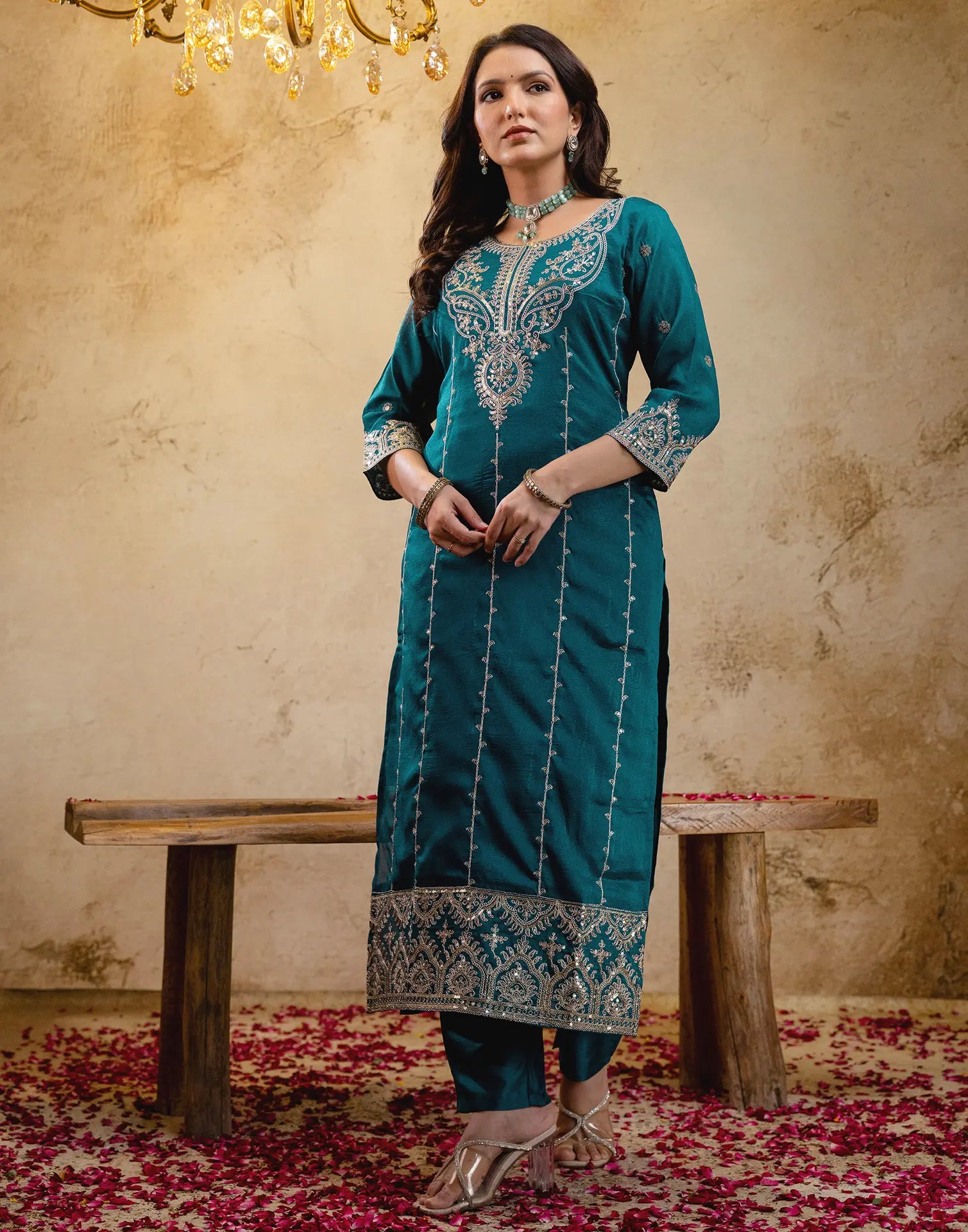 Silk Embroidered Straight 3 Piece Kurta Set