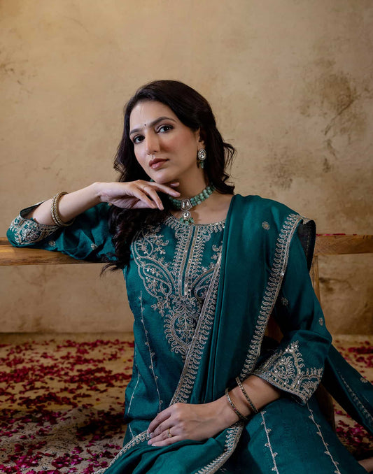 Silk Embroidered Straight Kurta with Pant & Dupatta